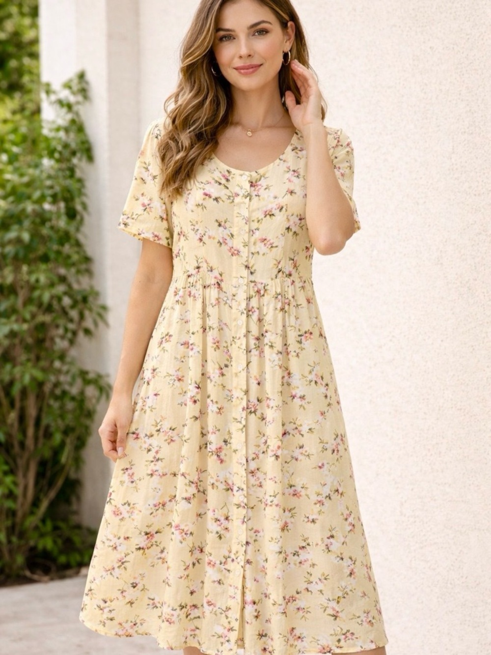 La Cera Yellow Floral Midi Dress PXL NWT Button Front 100% Rayon Cottagecore